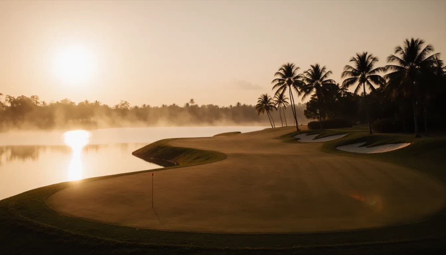 The fairway curving toward the mine lake at golden hour
