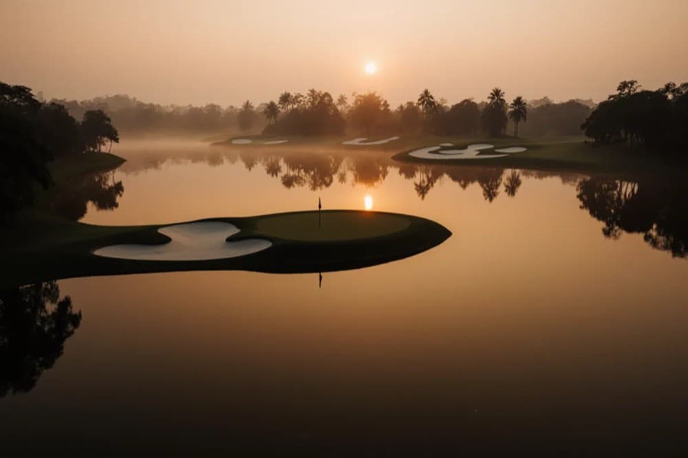 Par 3 played across the mine lake at dusk