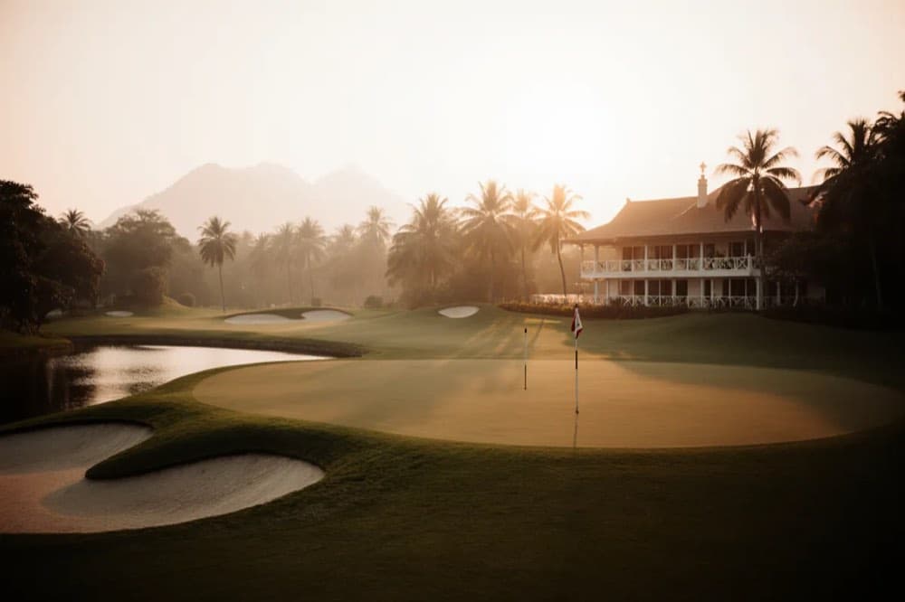 The 18th green with the clubhouse behind at dusk