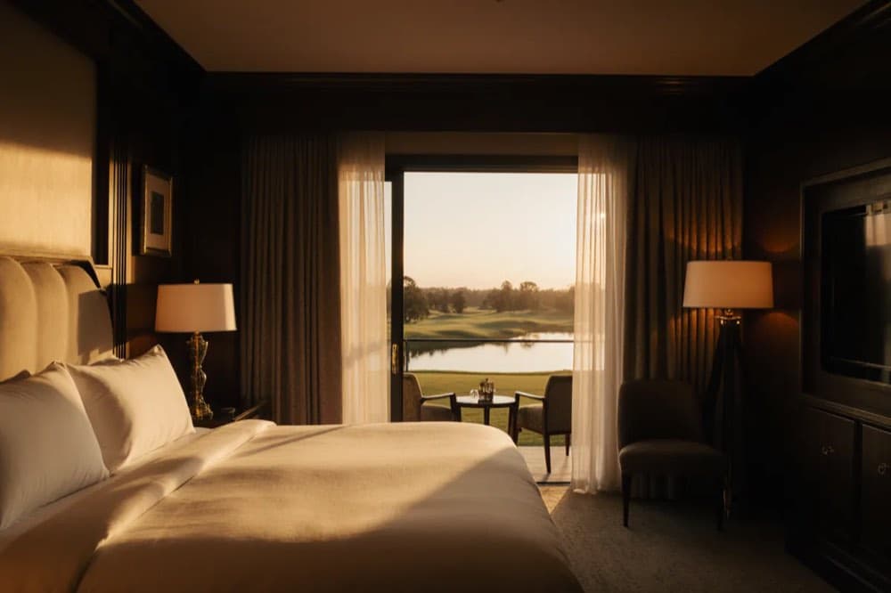 A suite at dusk overlooking the course and lake