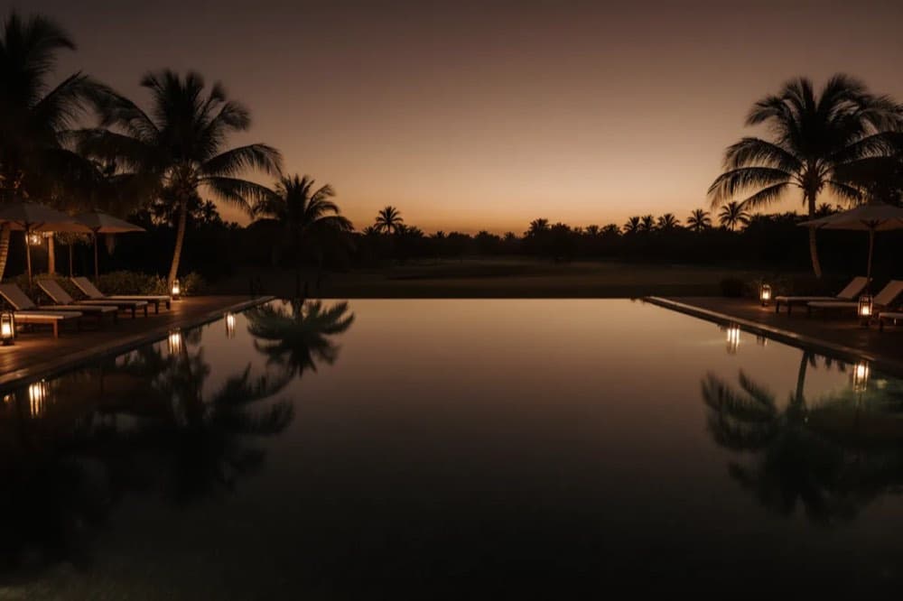 The Palace pool terrace at dusk, adjacent to the golf course